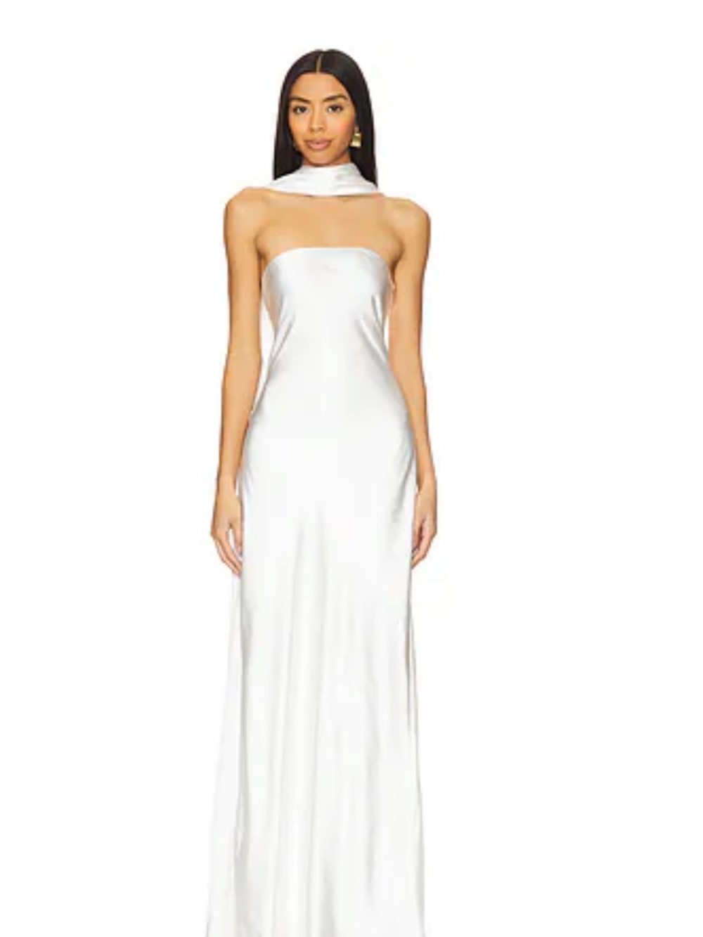 Mishka White Strapless Satin Column Gown with Neck Scarf